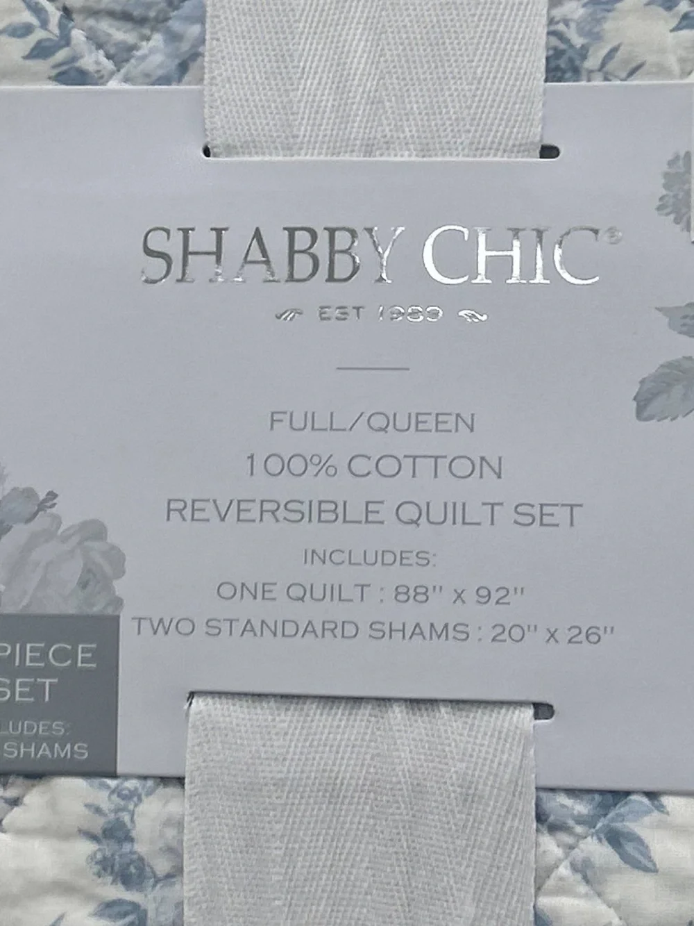Shabby Chic Blue & White Reversible Floral Queen Cotton Quilt Set 88”x92”